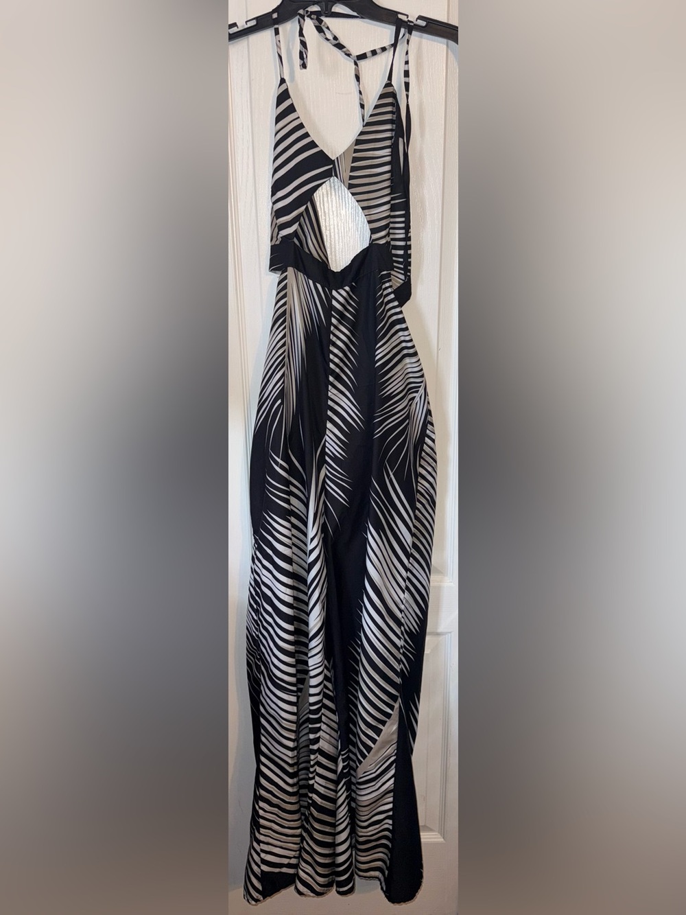 ChicMe Tropical Palm Print Cutout Wide Leg Jumpsuit Black Beige Size L - Picture 3 of 12